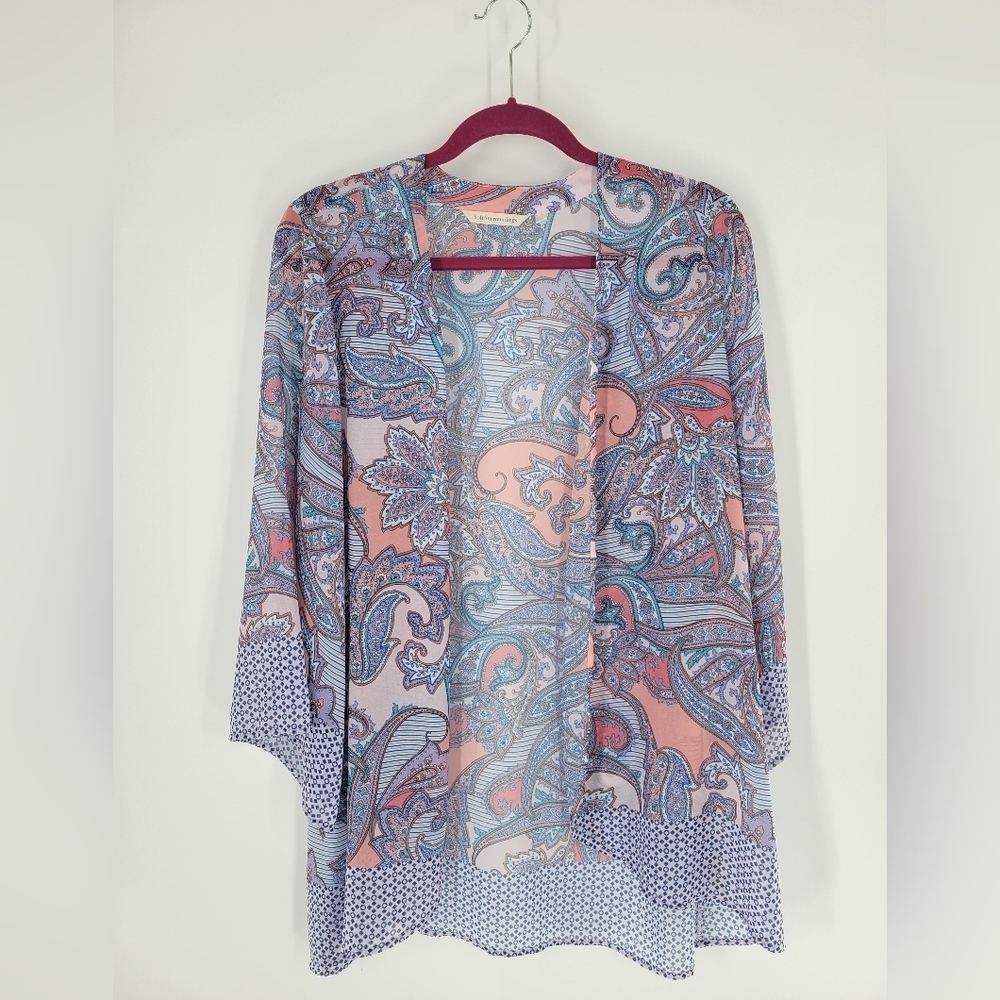 Soft Surroundings M Kimono Duster Cardigan Tunic Top 3/4 Sleeve Sheer Floral - Picture 2 of 6